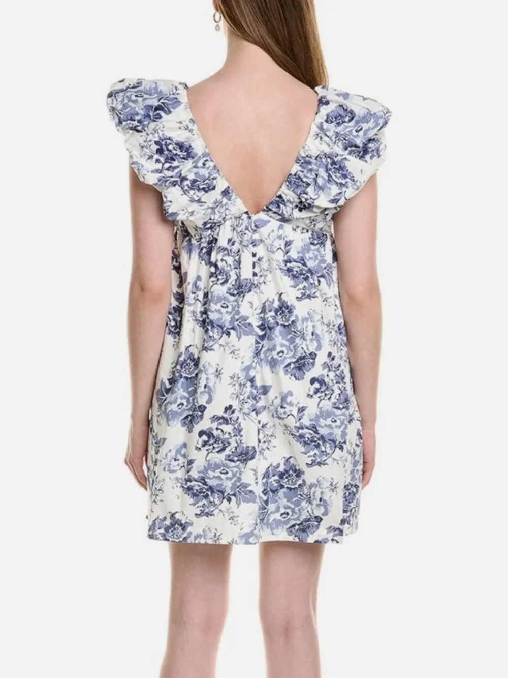 New! O.P.T Blue Floral Ruffle Mini Dress with Black Bow Tie size M